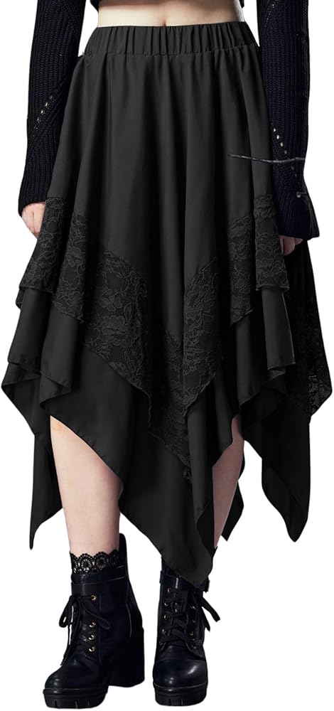 Verdusa Women's Contrast Lace Elastic High Waist Asymmetrical High Low Long Skirt