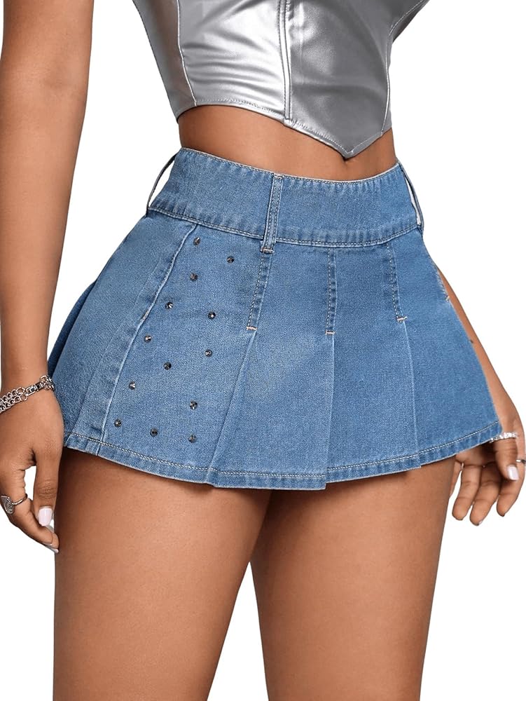 MakeMeChic Women's Casual Pleated Flared Hem Denim Skirt Zipper Button Side Beaded Mini Skirts