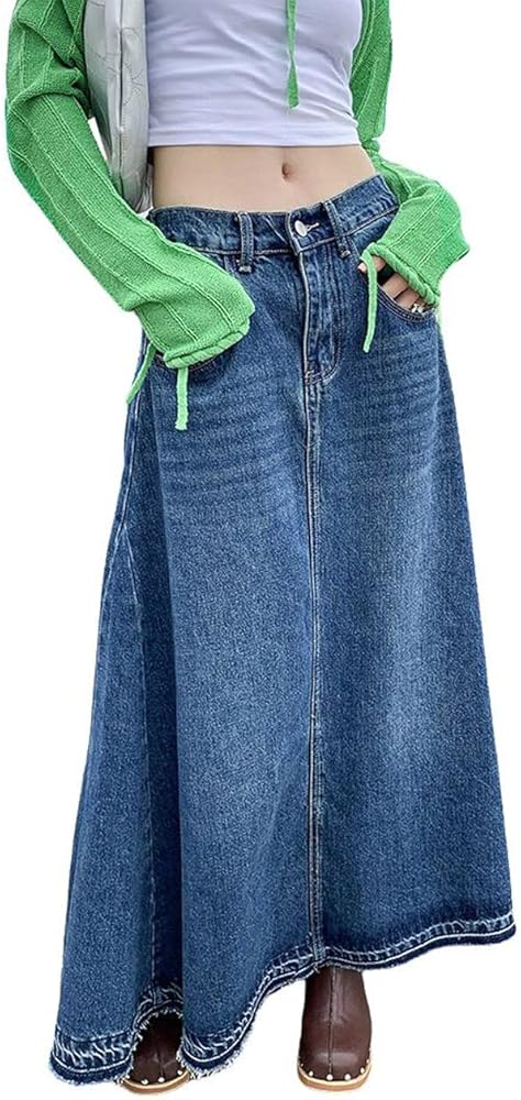CHARTOU Women's Back Elastic High Waist A-Line Maxi Long Denim Jean Skirt