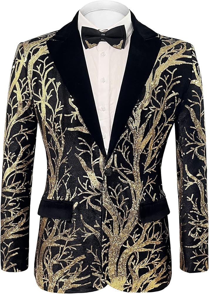Men’s Sequins Blazer Floral Suit Jacket Lapel Tuxedo for Party Wedding Banquet Prom