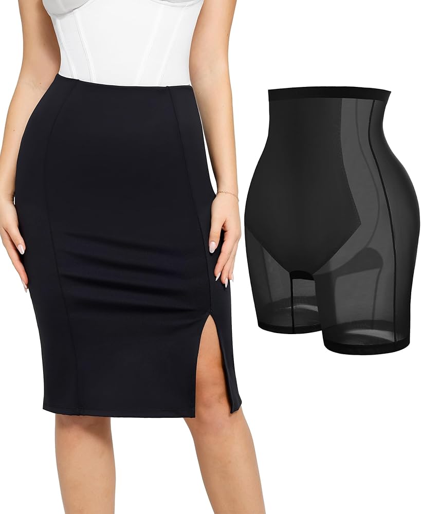 Popilush Shapewear Skirt Work Pencil Skirt with Built in Shapewear High Waisted Bodycon Midi Skirts for Women Office