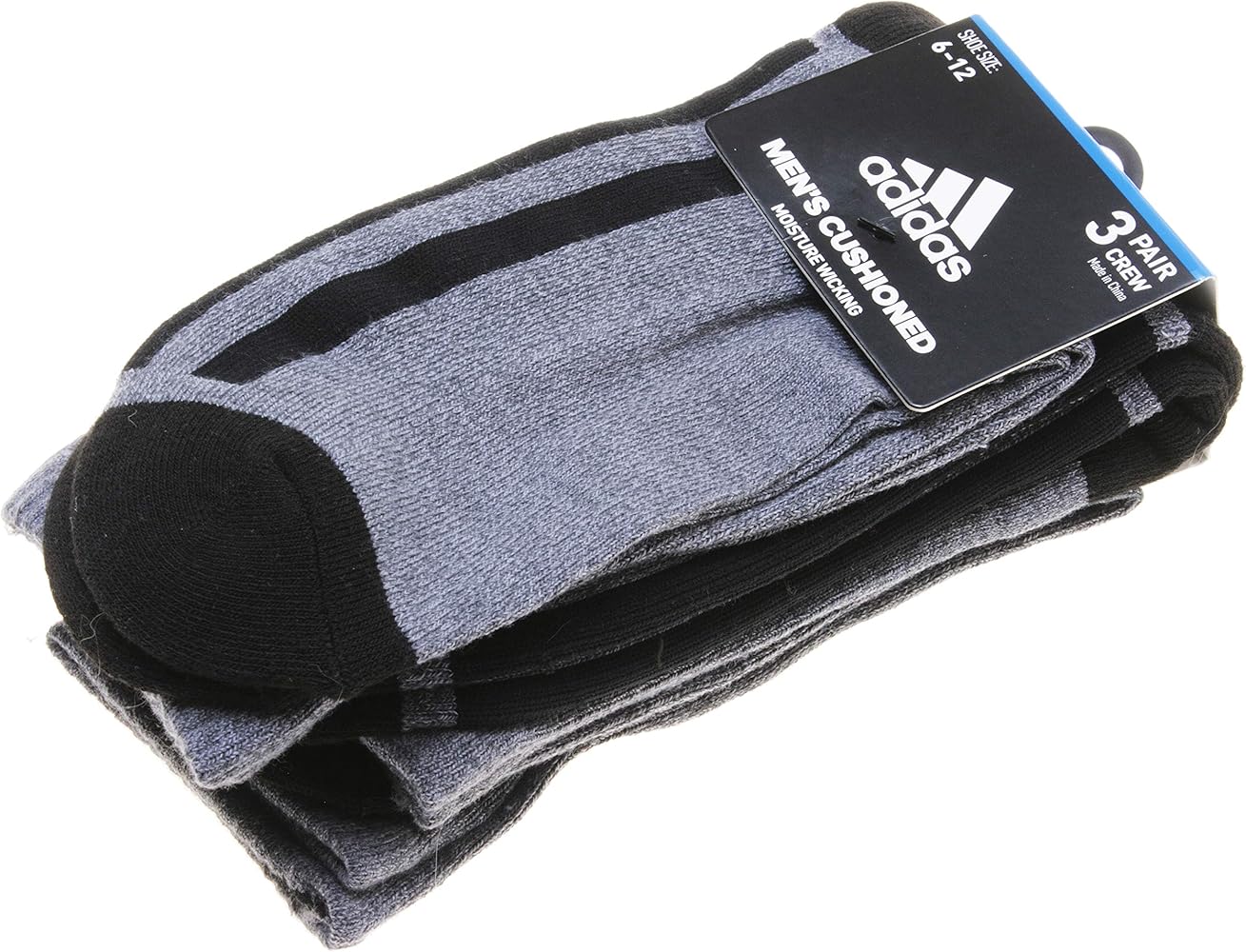 Adidas Men 6-12 CREW Socks Cushioned Gray w/Stripes Moisture Wicking 3-Pair
