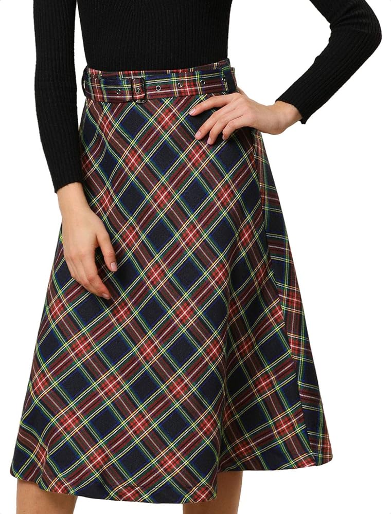 Allegra K Women's Christmas Tartan Plaid High Waist Belted Vintage A-Line Midi Skirt