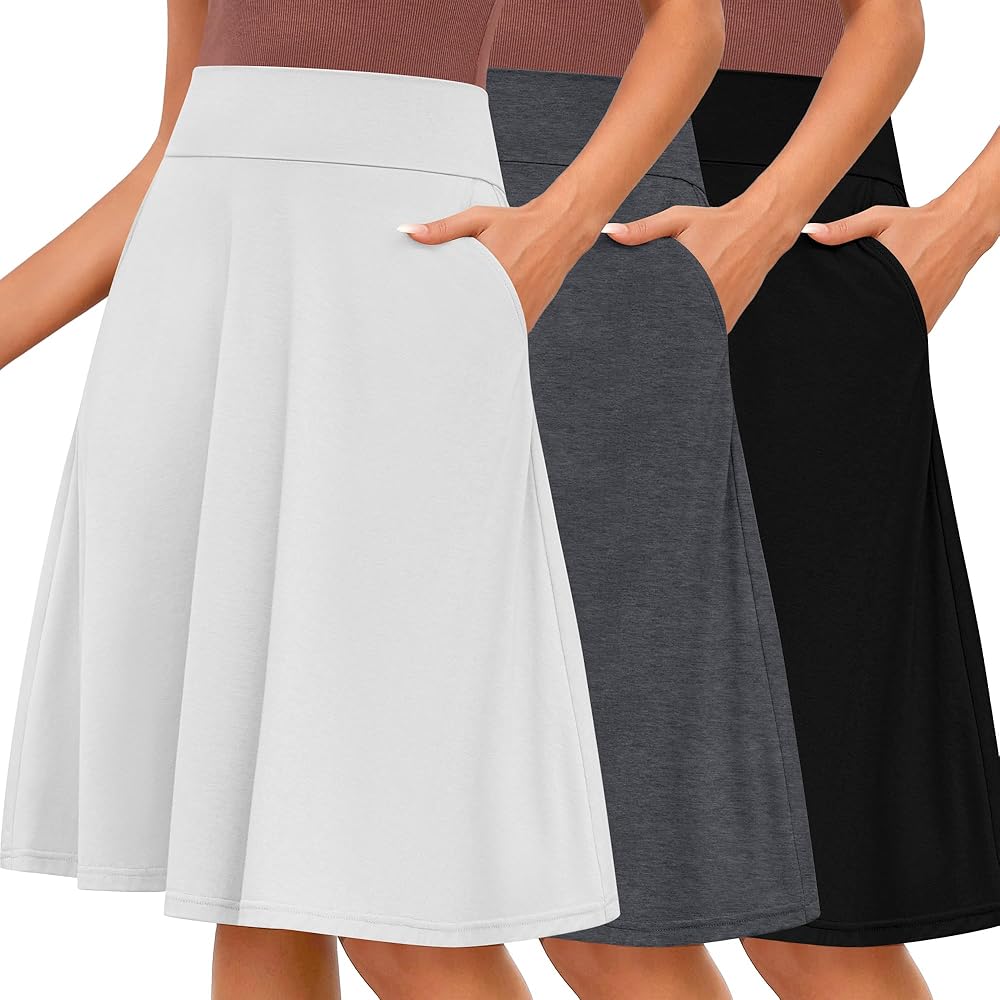 Riyiper 3 Pack Women's Versatile Long Skirts with Pocket High Waist Stretchy Flared Lightweight Skirts Casual Pull-on Skirts