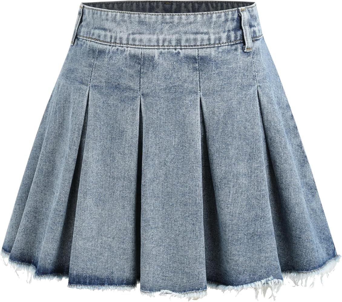 CIDER Women's Denim High Waist Pleated Raw Hem Mini Skirt