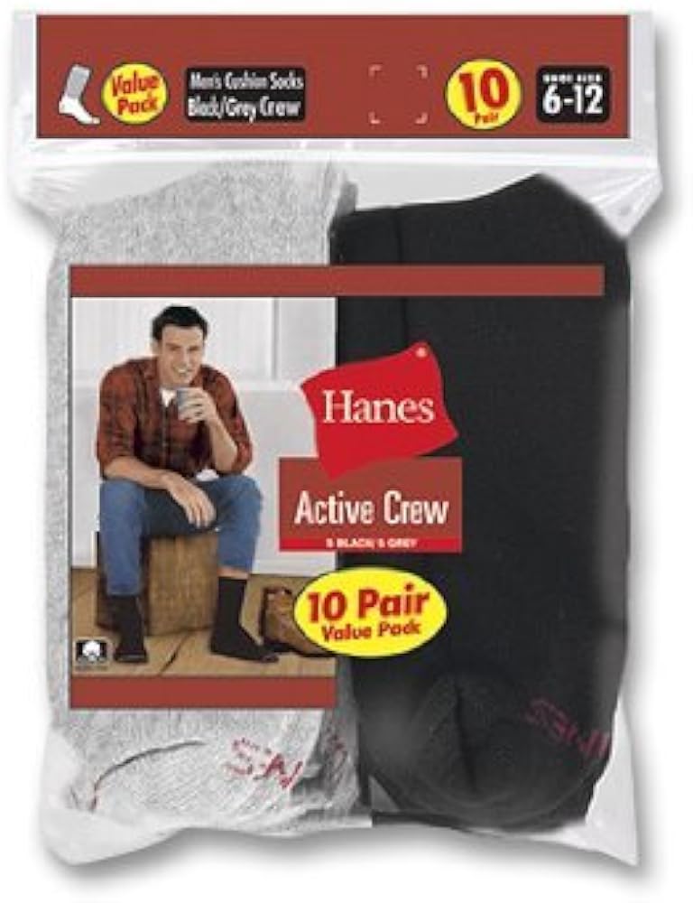 Hanes Men's WORK CREW Socks 10 Pack, Black/Grey, Shoe Size 6-12