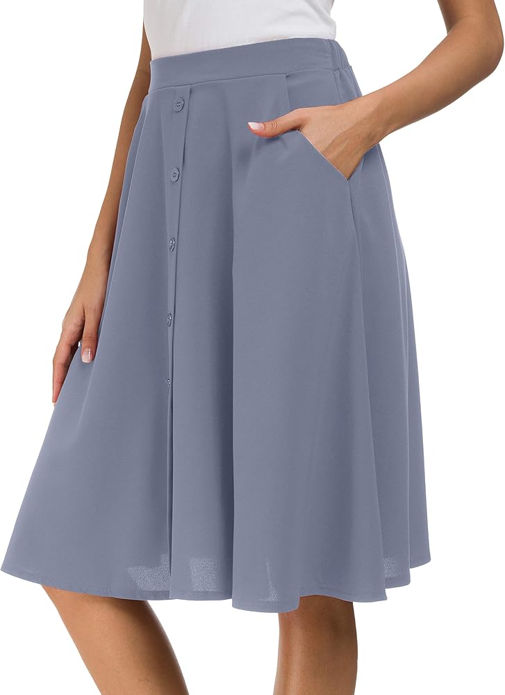 Sinono Womens Casual Pleated High Waisted A Line Midi Button Front Skirts with Pockets