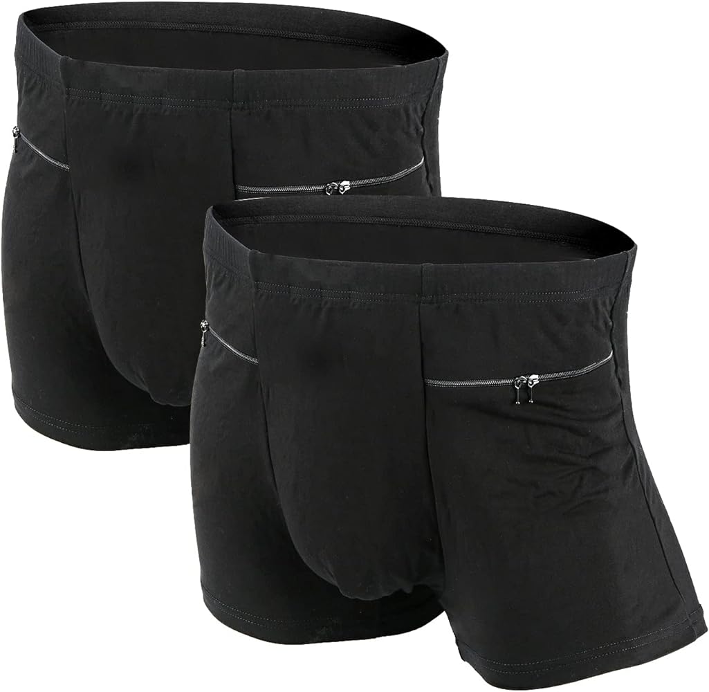Pocket Underwear for Men with Secret Hidden Pocket, Travel Boxer Briefs, 2 Packs (Black)