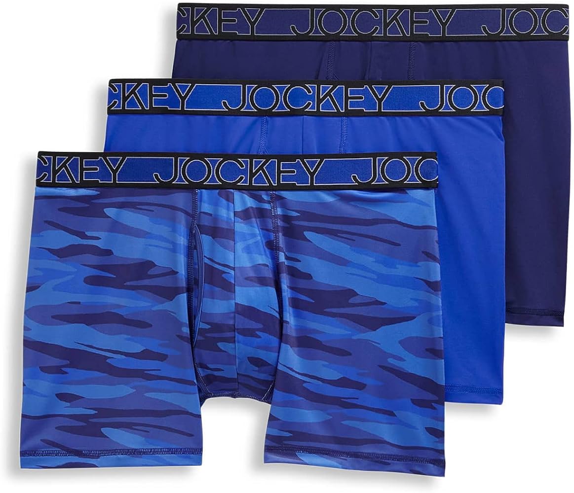 Jockey Men's Underwear Active Microfiber 5" Boxer Brief - 3 Pack, Majestic Blue/Oceanic Camo/Brilliant Blue, XL