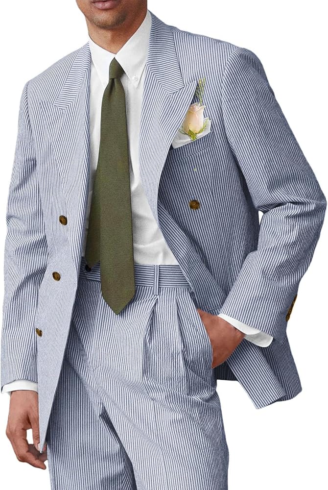 Seersucker Slim Suits for Men Casual Summer Beach Wedding Grooms 2 Piece Blazer Pants Party Striped Suit Sets