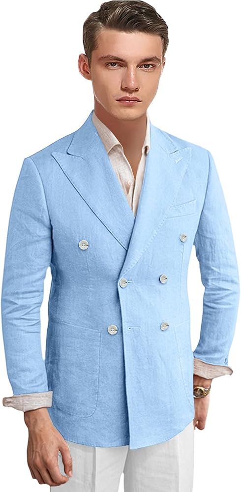 Men's Casual Linen Blazer Lightweight Suit Jacket Slim Fit Double Breasted Sport Coat