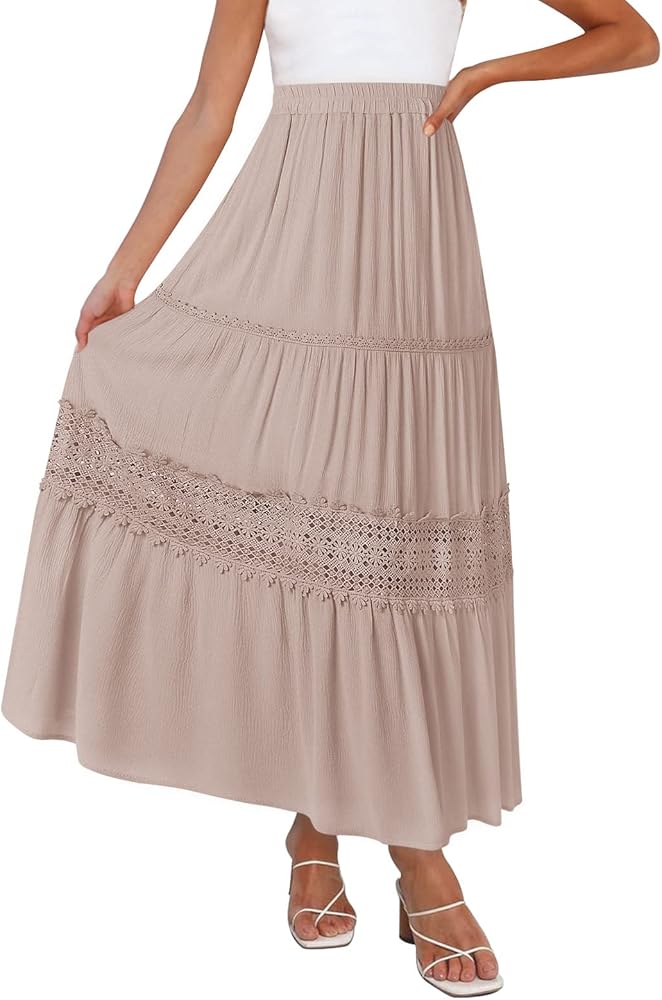 MEROKEETY Women's Boho Elastic High Waist Pleated A-line Ruffle Lace Trim Tiered Midi Maxi Skirt with Pockets