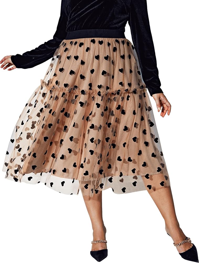 Floerns Women's Plus Size Heart Printed Contrast Mesh Frill Trim Flared Midi Skirt