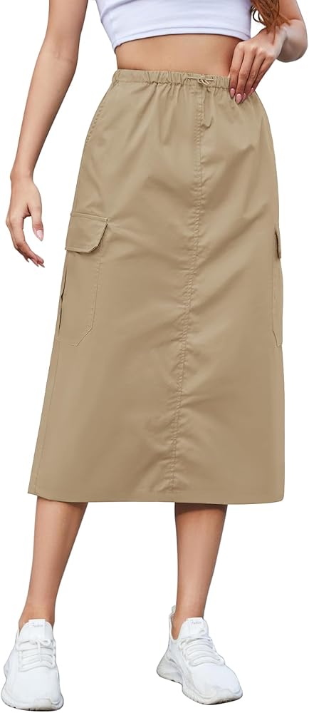 KTILG Midi Cargo Skirt with Multiple Pockets Adjustable Drawstring Back Split Solid Size XS-L