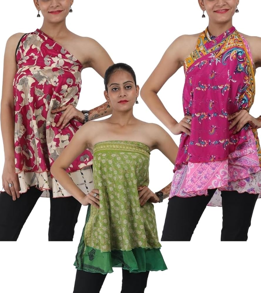 Wevez Women's Short Length Plus Size Sari Art Silk Wrap 3 Skirts Pack