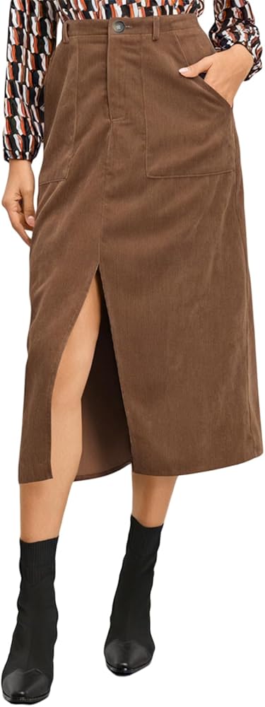 Happy Sailed Women’s High Waist Split A Line Corduroy Skirt Casual Fall Midi Skirts with Pockets