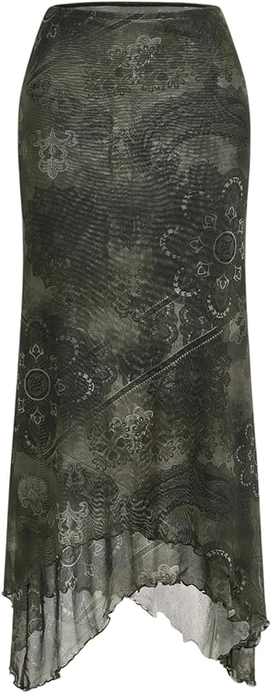 Verdusa Women's Floral Print Mesh Asymmetrical Hem Midi Skirt High Waist Casual Long Skirts