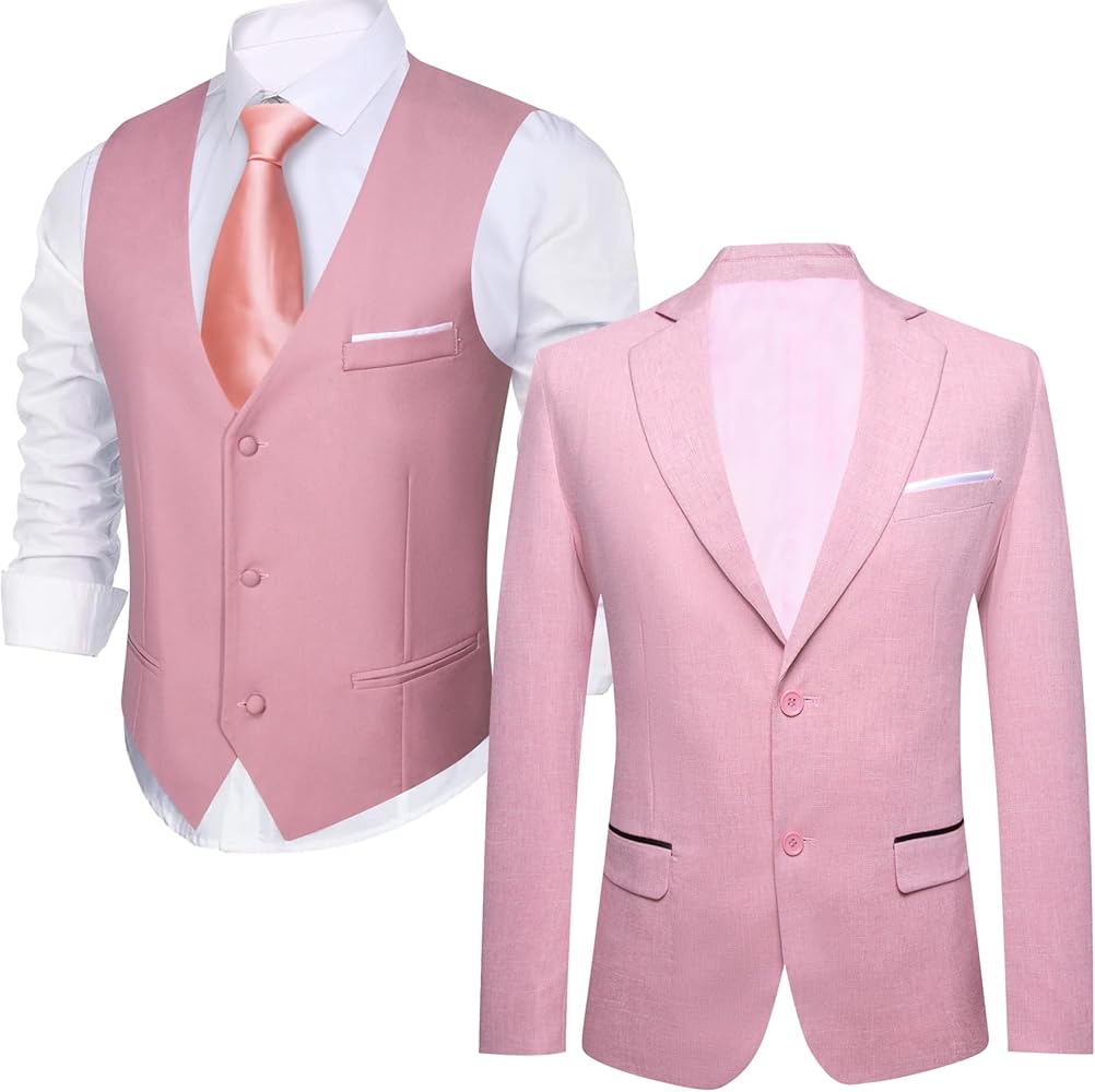 Barry.Wang Pink Suit Vest Formal Dress Waistcoat,Blazer for Men Casual Sport Coats with Bowtie Lightweight Regular Fit Suit Jacket Daily Business XXXL