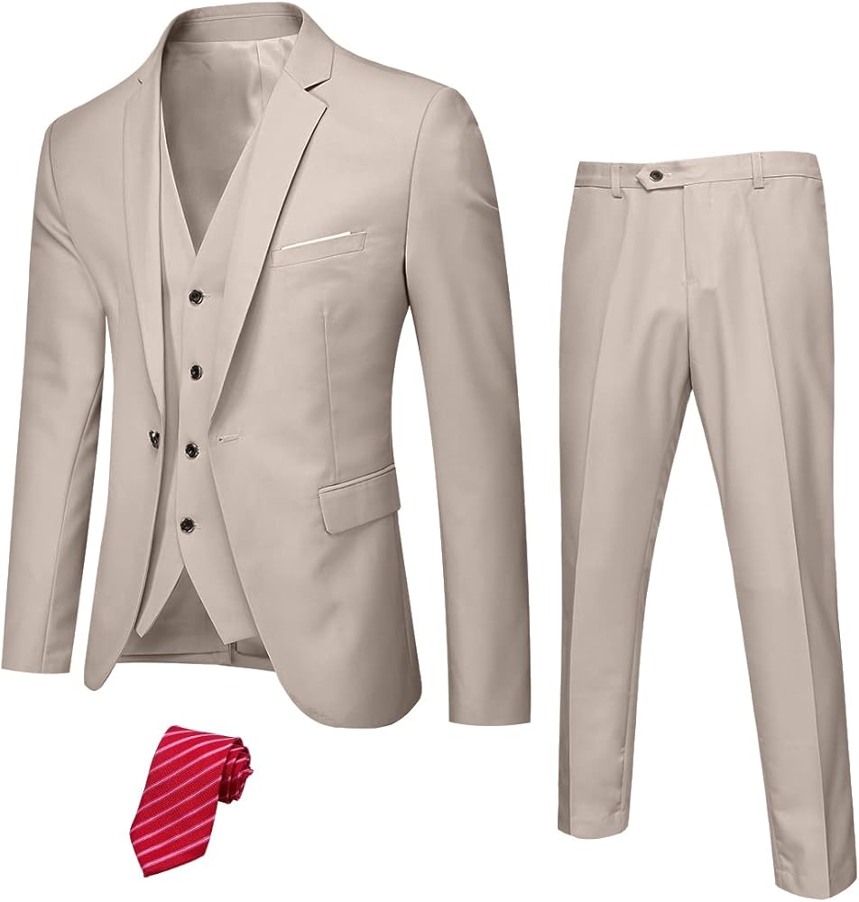 YND Men's 3 Piece Slim Fit Tuxedo Set, Solid Shawl Collar Jacquard Jacket Vest Button Pants