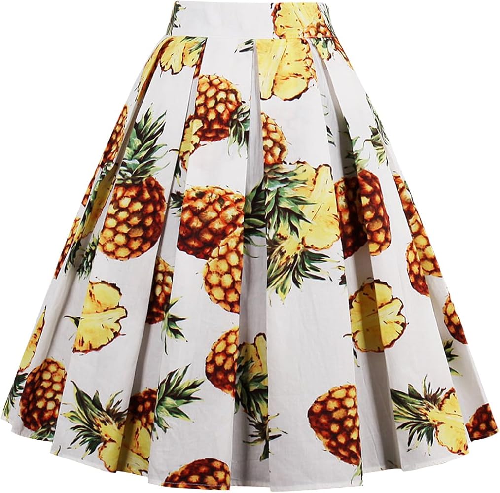 Dressever Women's Vintage A-line Printed Pleated Flared Midi Skirts