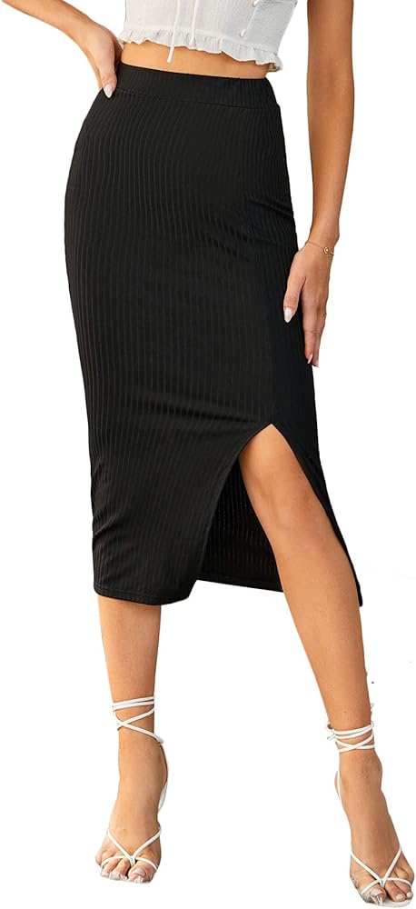 LYANER Women's High Waist Stretchy Rib Knit Split Slit Hem Midi Pencil Skirt
