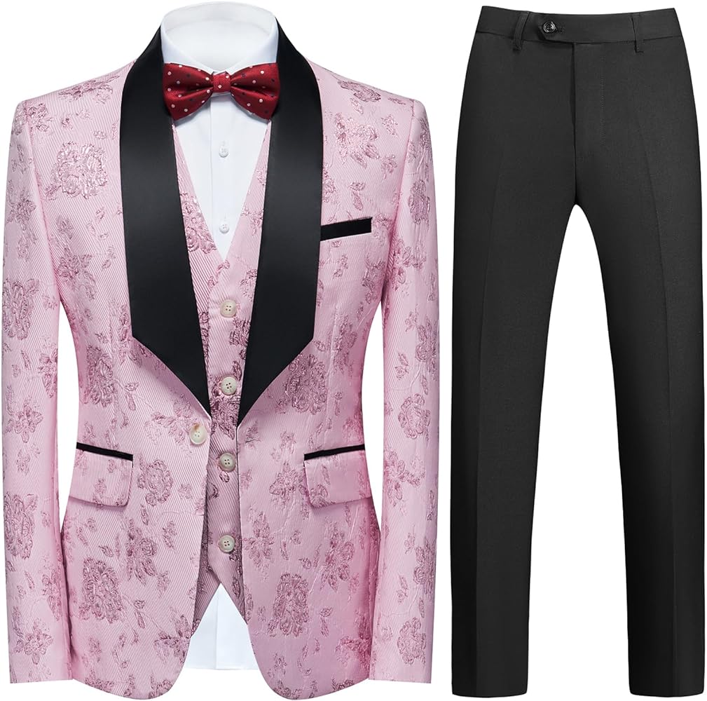 Tuxedo Suits for Men 3 Piece Regular Fit Men's Suit Set Floral Pattern Blazer Jacket Waistcoat Pants