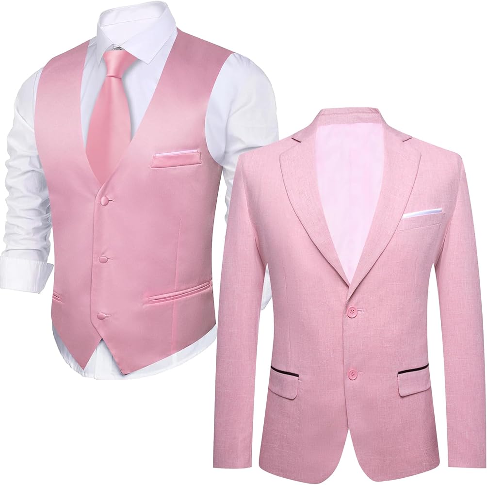 Barry.Wang Pink Suit Vest Formal Dress Waistcoat,Blazer for Men Casual Sport Coats with Bowtie Lightweight Regular Fit Suit Jacket Daily Business XXXL