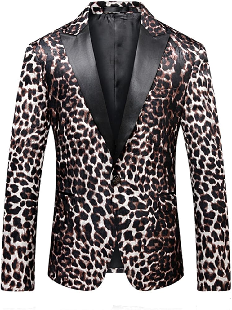 MOGU Mens Slim Fit Notched Lapel Stylish Blazer Leopard Printed Sports Coat