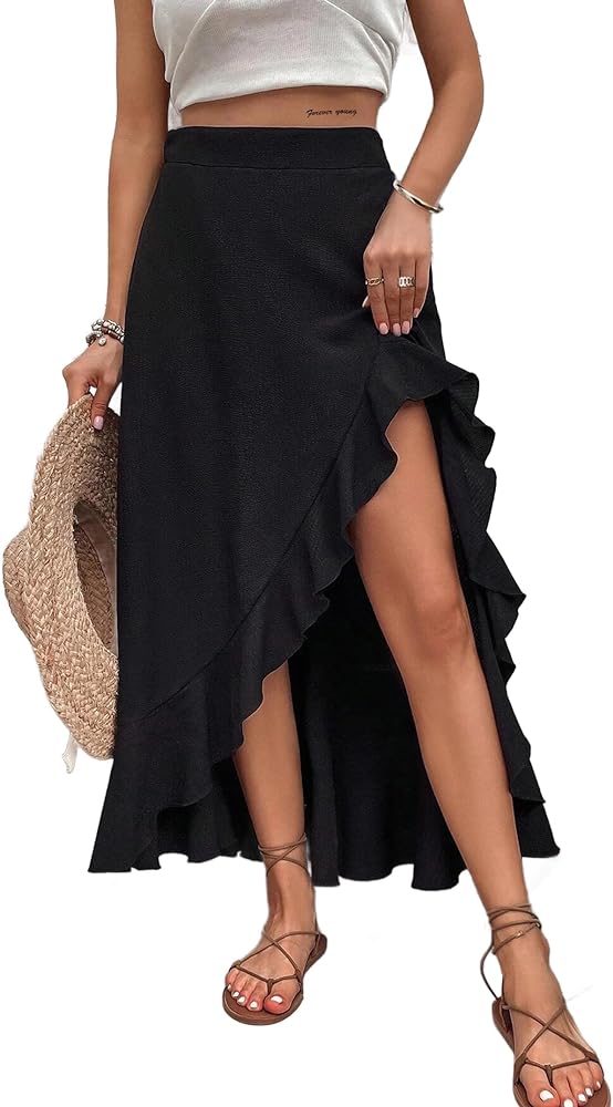 Avanova Women's Slit Split Ruffle Long Skirts High Waisted Summer Flowy Maxi Skirts