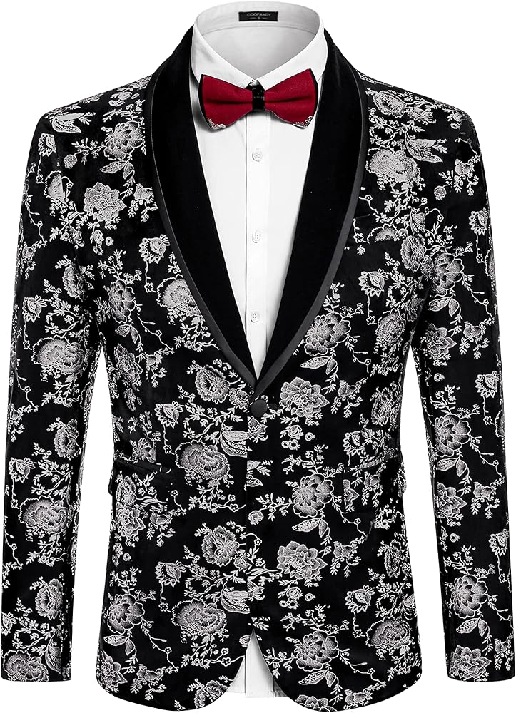 COOFANDY Men's Floral Tuxedo Jacket Shawl Lapel One Button Velvet Suit Jacket Dinner Prom Party Wedding Blazer