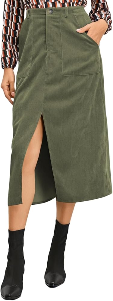 Happy Sailed Women’s High Waist Split A Line Corduroy Skirt Casual Fall Midi Skirts with Pockets