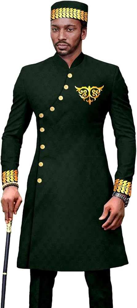 African Suits for Men Slim Fit Embroidery Embroidery Blazer Pants and Hat Set Wedding Attire