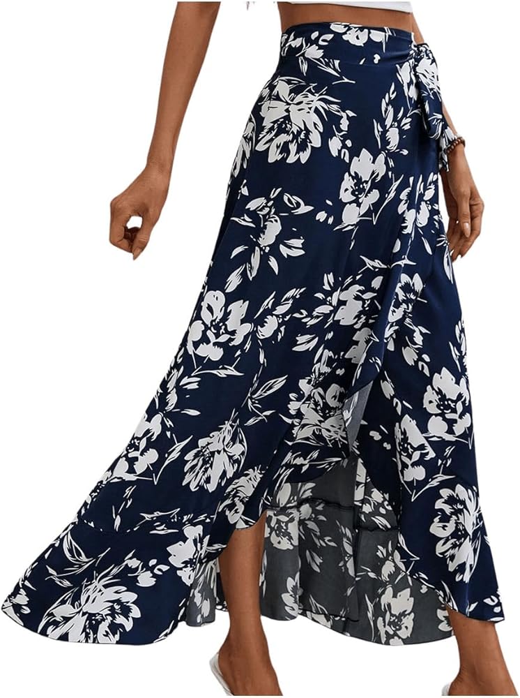Milumia Women's Boho Floral Print Knot Side Split Wrap Flowy High Waisted Long Maxi Skirt