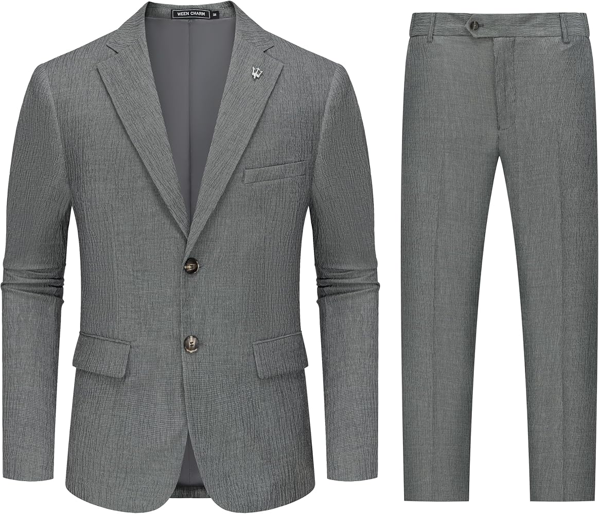 WEEN CHARM Men's Lightweight Breathable 2-Piece Summer Seersucker Suit Casual Blazer Pants Set Cool Comfortable Suit for Men