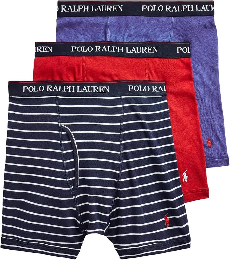 POLO RALPH LAUREN Classic Fit Cotton Boxer Brief 3-Pack, S, Blue/Red/Stripe