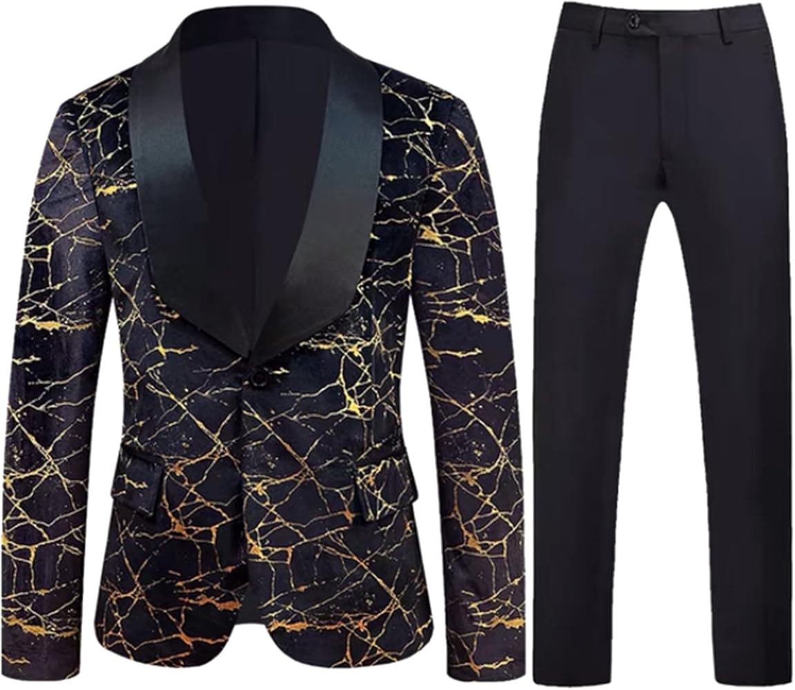 Men Suit Set 2 Pieces Printed Marble with Lapel for Wedding Banquet Work Business Tuxedo Set Jacket Blazer with Pant