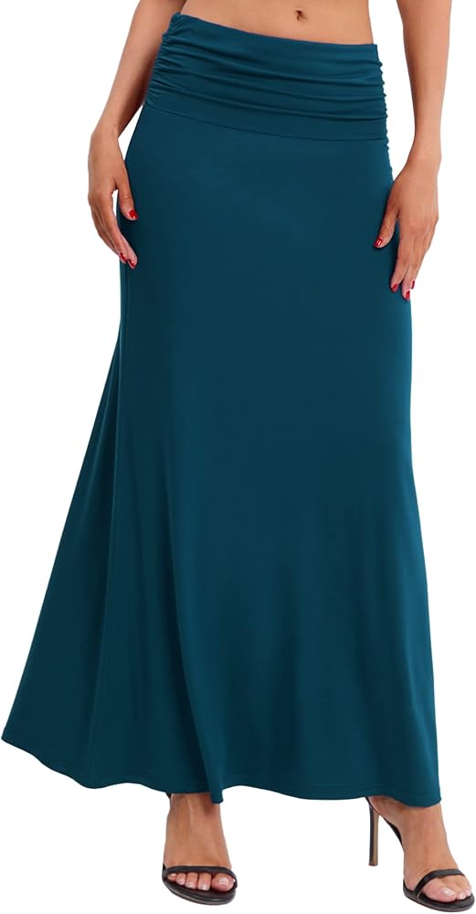 BAISHENGGT Women's Versatile Long Skirt Ruched High Waist Flare Floor Length Maxi Skirt