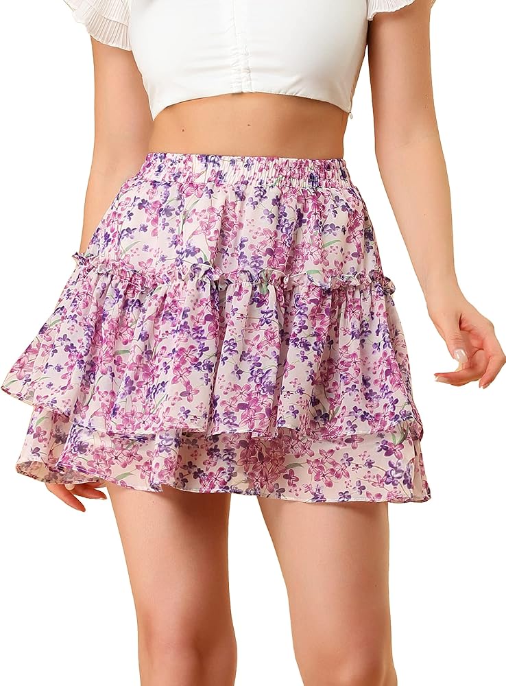 Allegra K Women's 2023 Floral Tiered Ruffle Skirts Cute Summer Flowy Chiffon Mini Skirt