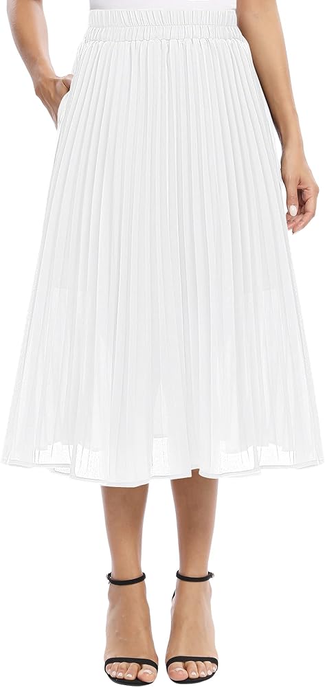 EXCHIC Women's Casual Chiffon Elastic Waist A-Line Pleated Midi Skirt with Pockets