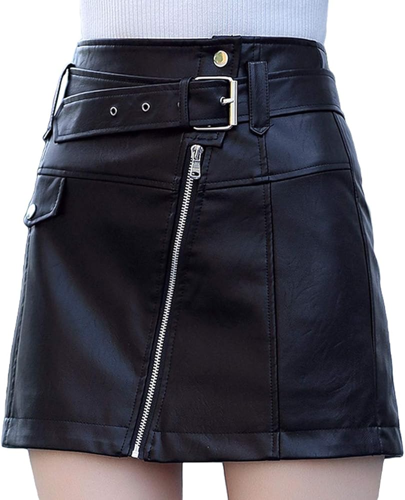 Itemnew ebossy Women's Cool Oblique Zip High-Waist Faux Leather Mini Skirt with Belt