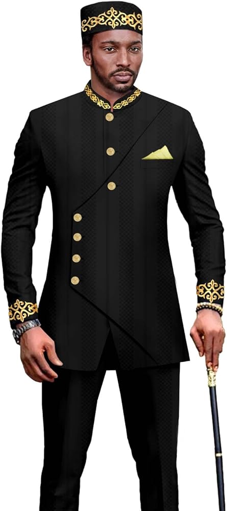 Men`s Business Suit Dashiki Blazer and Trousers Match Hats 3 PCS African Clothes for Wedding Attire