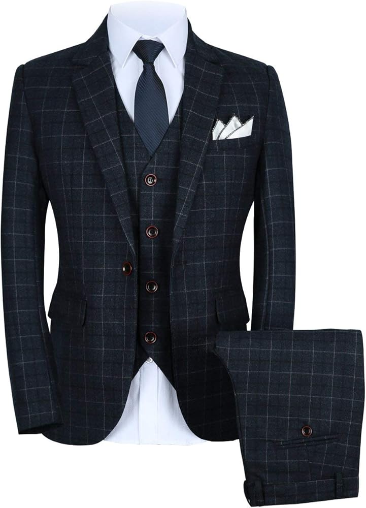 MOGU Mens 3 Piece Slim Fit Plaid Suit Blazer+Vest+Pants