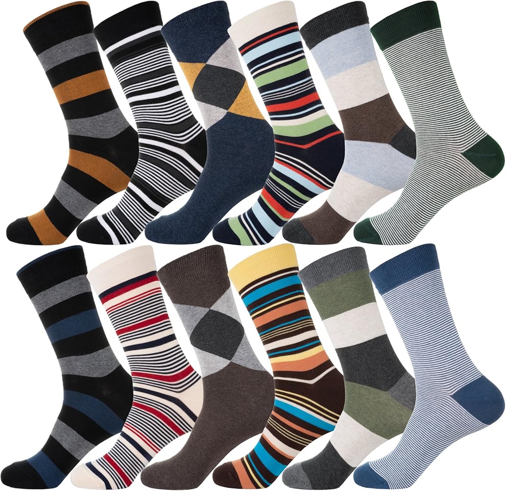 Men's Cotton Fun Colorful Striped Casual Dress Socks, Funky Designed Fancy Socks - 8/12 Pairs, Size 9-12