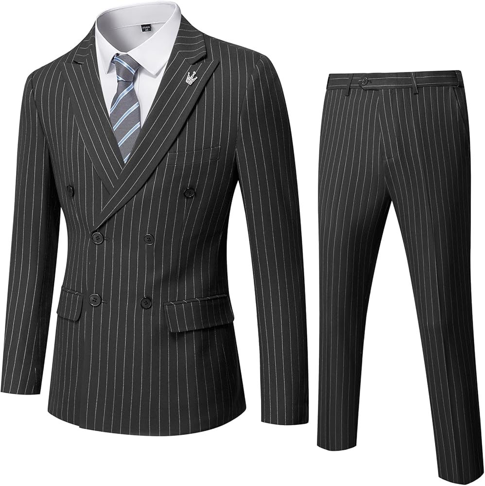 YND Men's 2 Piece Slim Fit Suit, Double-Breasted Stripe Tuxedo Set with Tie, Party Wedding Dress Blazer, Tux and Trousers