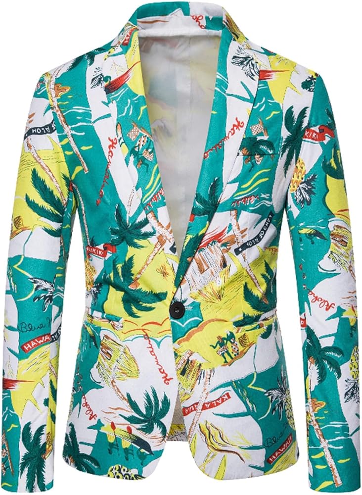 Men Casual Blazer Notch Lapel 1 Button Suit Hawaiian Holiday Style Suit Jacket Vintage Blazer Printed Sports Coat