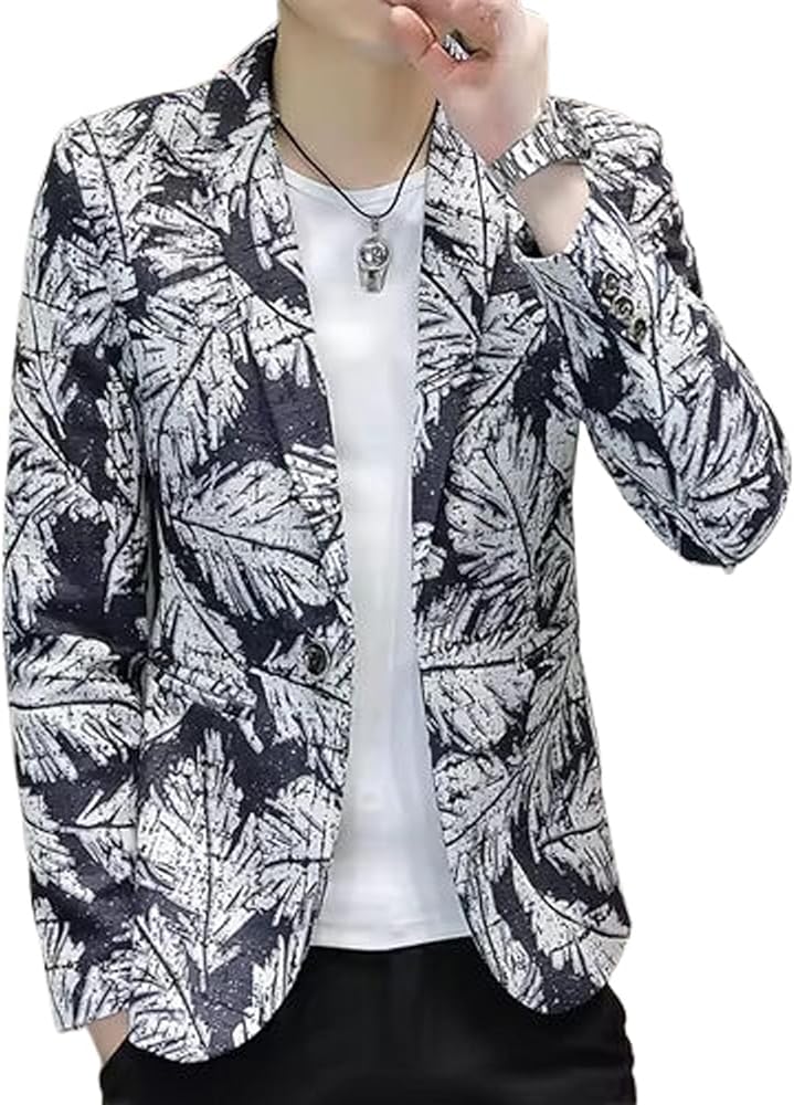 Men Business Casual Printed Suit Jacket Male KTV Dance Party Leisure Flower Blazers Slim Fit Coat