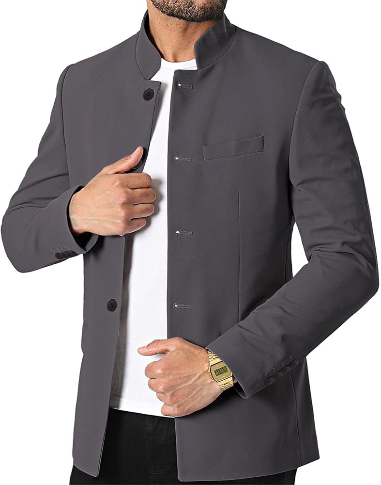 Mens Casual Blazer Stand Collar Tweed Suit Jackets Sport Coats Business Coats Lightweight Fashion