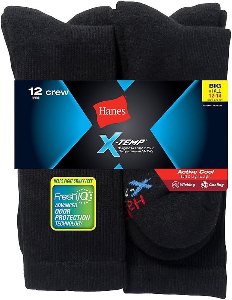 Hanes Men's Ultimate FreshIQ Cushion Crew Socks (Shoe Size 6-12) (12-14 Shoe BIG, Black)
