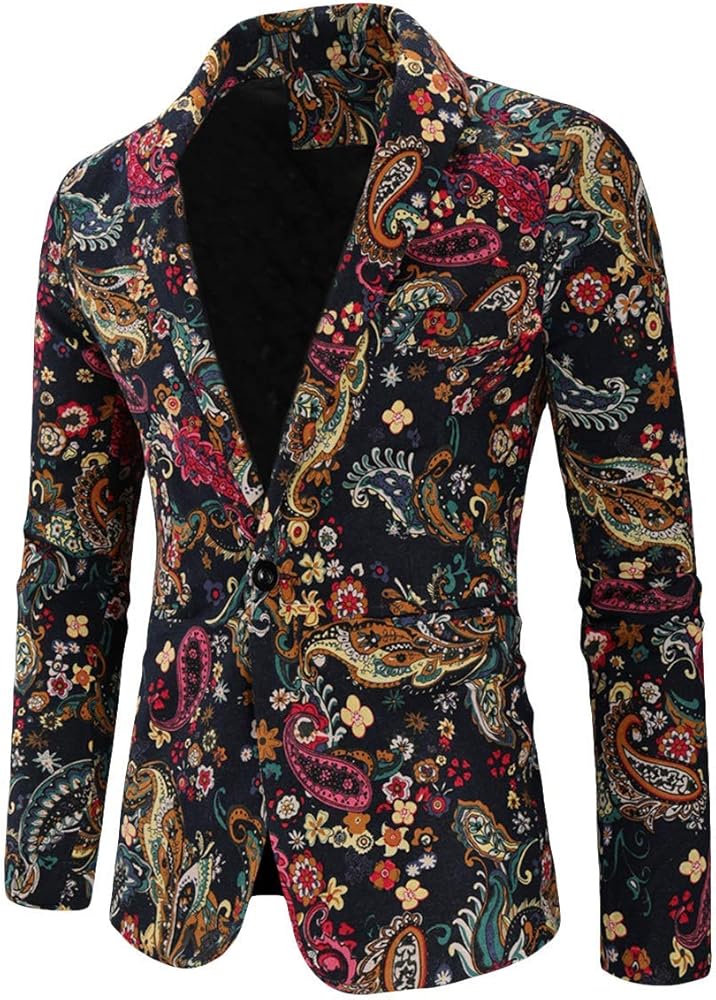 Mens Printed Suit Jacket 1 Button Floral Patterned Sport Coat Blazer Jacket