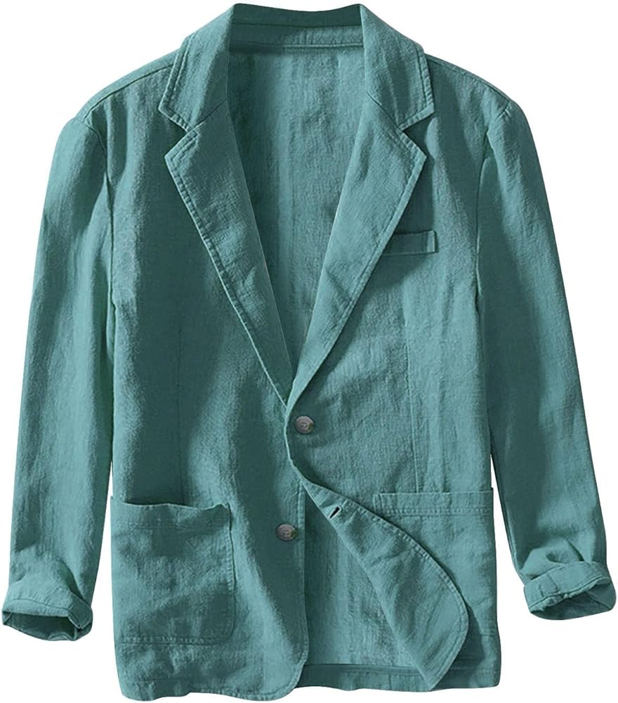 Mens Loose Fit Linen Cotton Casual Blazers Lightweight Button Down Sport Coats Lapel Collar Summer Suit Blazer Jacket
